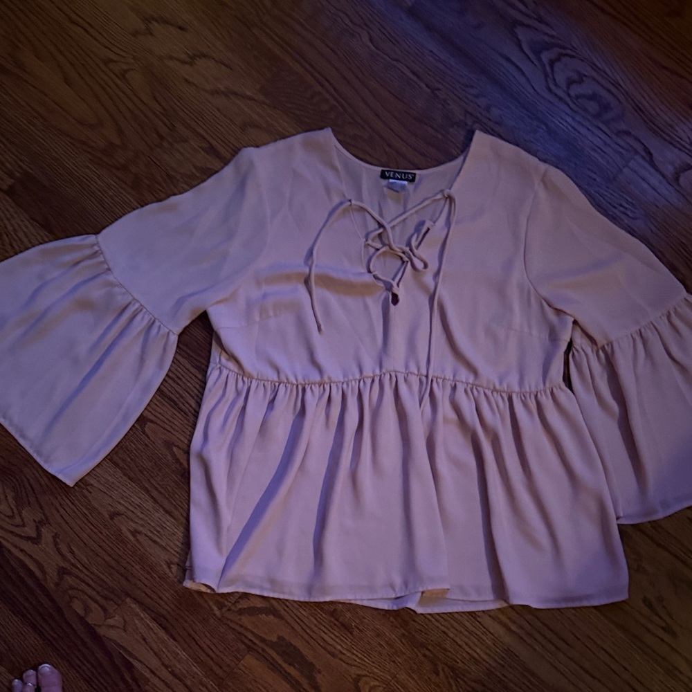 VENUS Light Pink Lace-Up Bell Sleeve Blouse